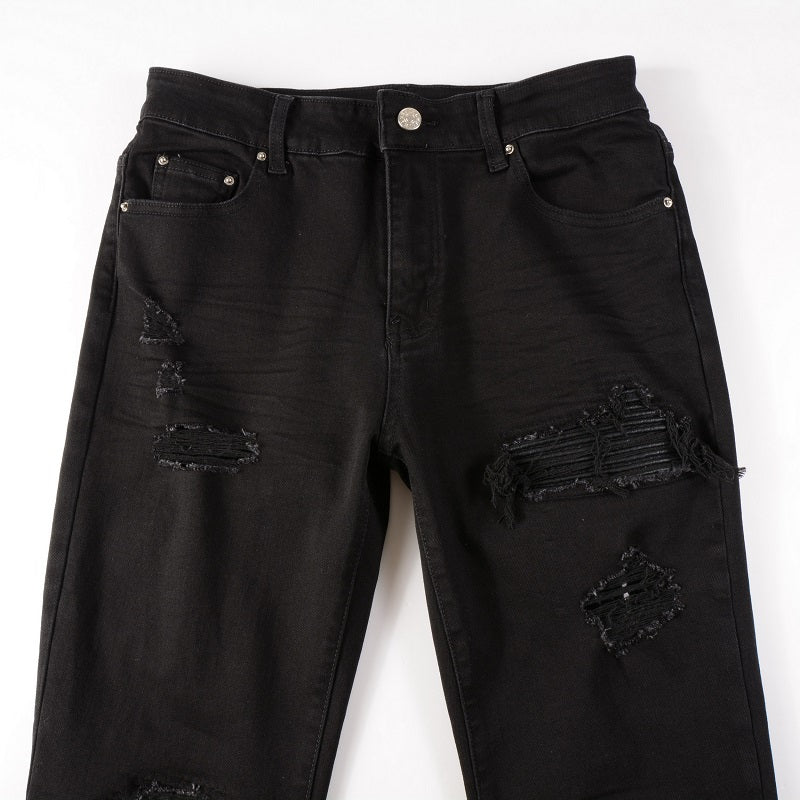Black Leather Patch Jeans