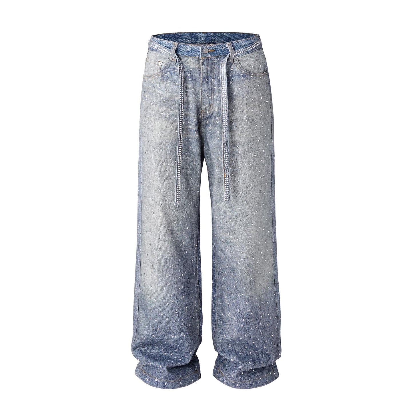 Blaue Baggy-Jeans mit Kristallen