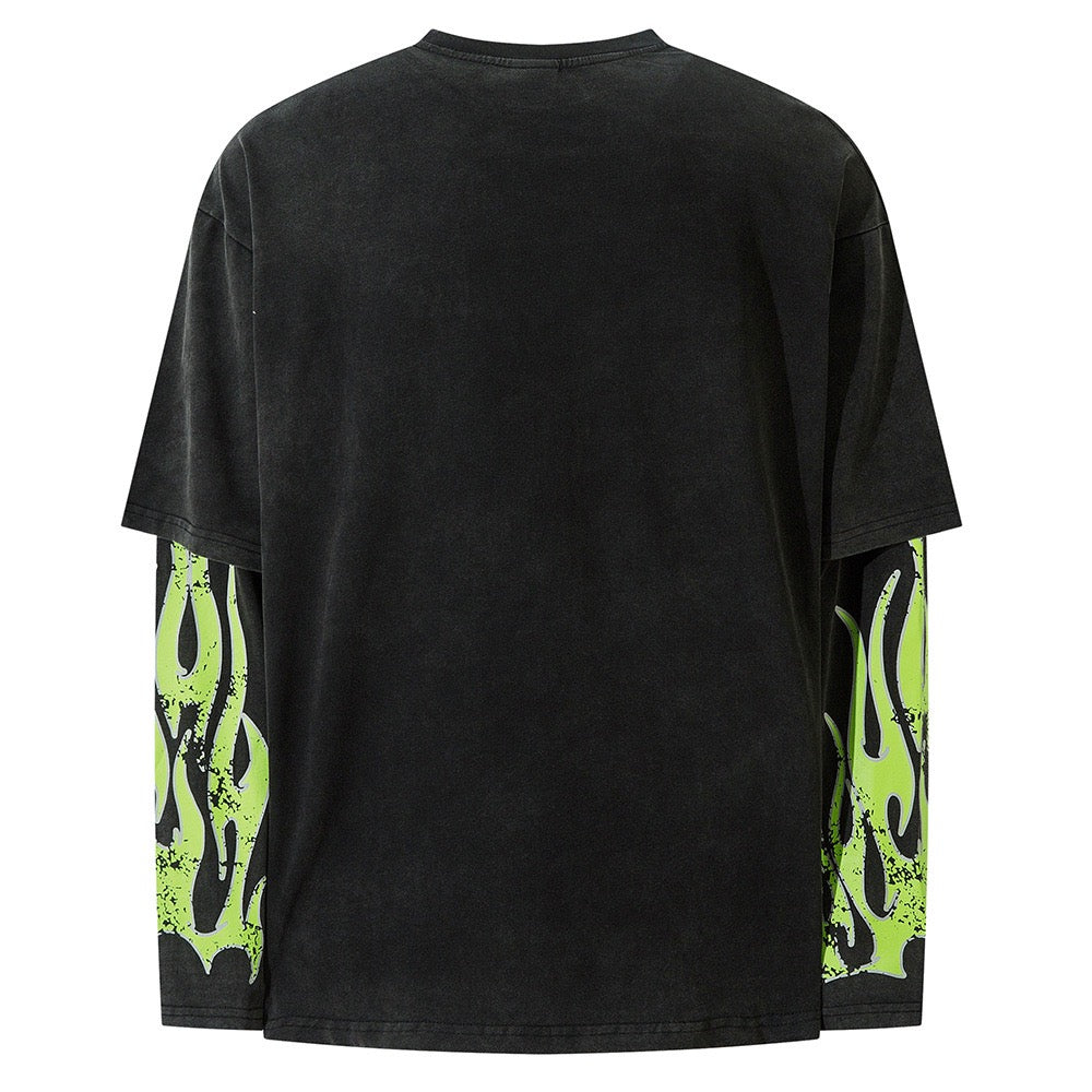 Grünes Flammen-Langarm-T-Shirt