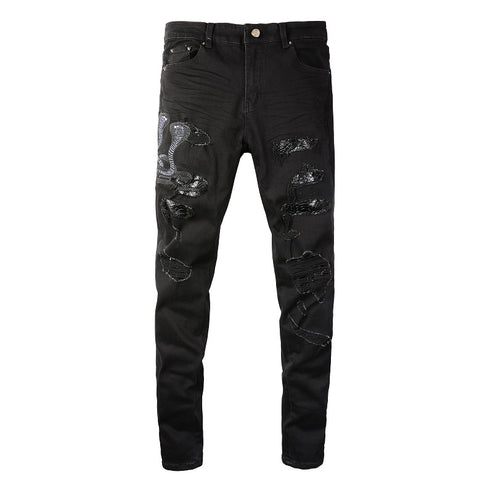 Dark Snake Pattern Denim Pants